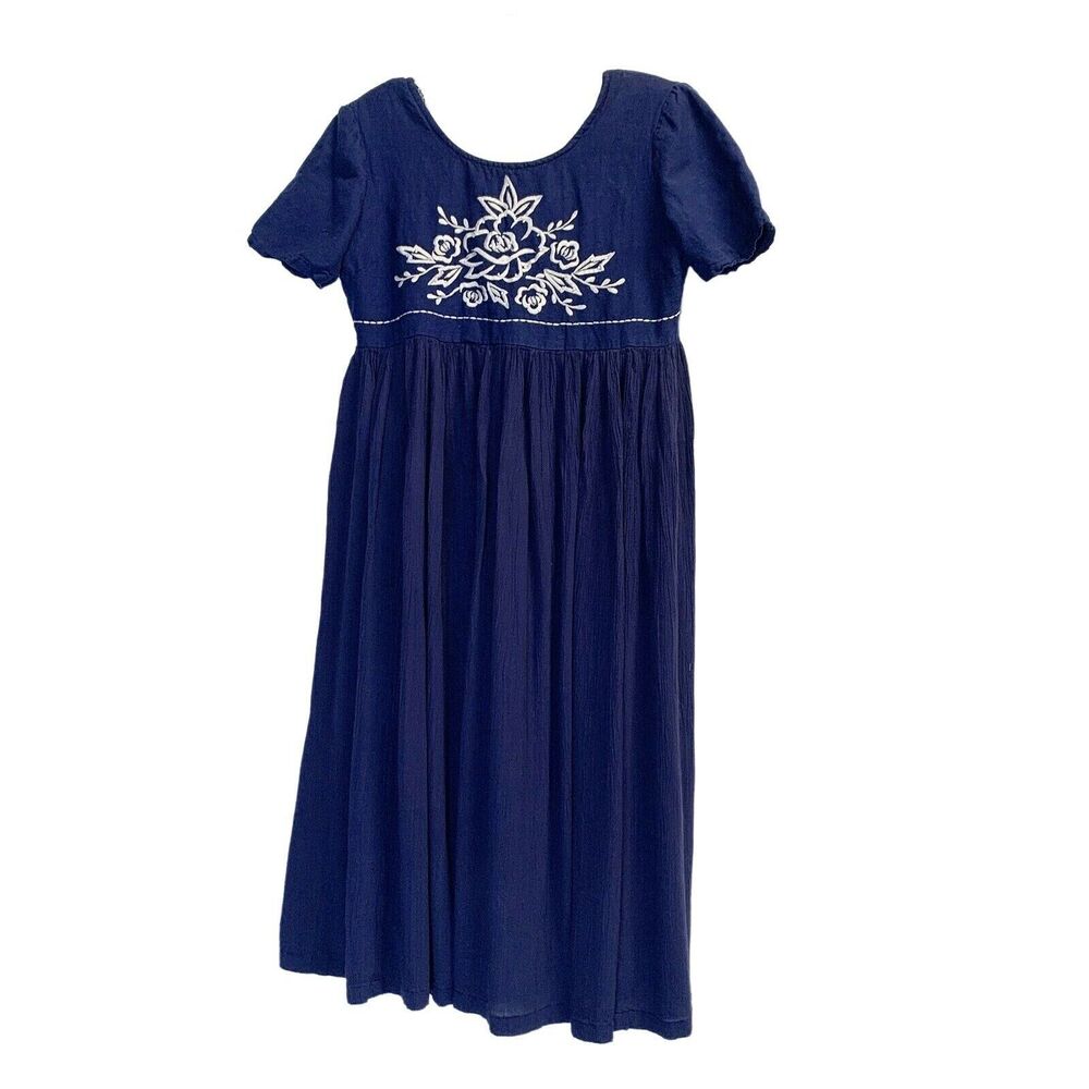 vintage 90s Plaza South women’s Embroidered midi dress empire waist Sz 8 blue